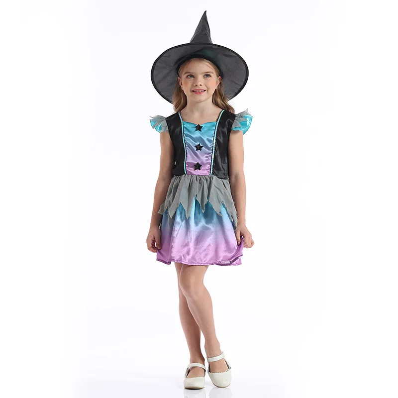 children performance black Witch Cosplay pretty  Dress Costume Magic Suit Halloween with hat