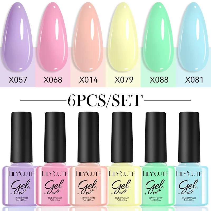 LILYCUTE 6PCS/SET Color Nail Gel Polish Set Kits Base Top Coat Varnish Soak Off UV Gel LED Semi Permanent All For Manicure