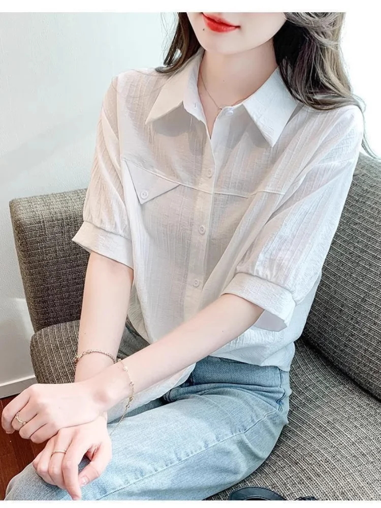 

Street Short Sleeve Solid Shirts Plus Size Lapel Single Breasted Chiffon Lace Up Tops For Women New Summer Office Commute Blouse
