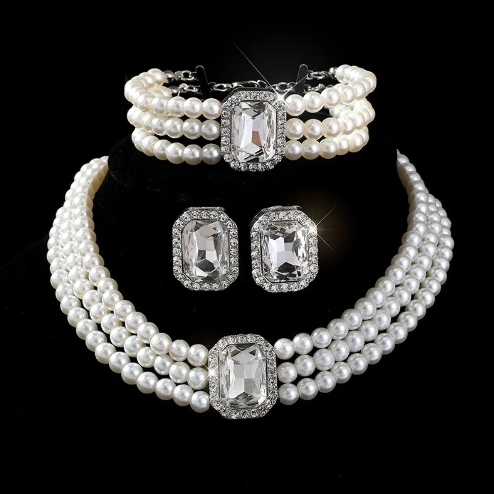 Imitation Gem Pearl Jewelry Set Multi-layer Bead Bead Necklace Earring Necklace Bracelet Set White Pearl Matching Jewelry