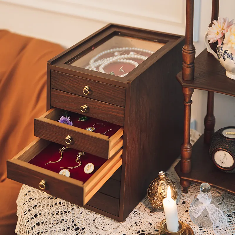 Wooden Jewelry Storage Box Drawer Jewelry Organizer Case Desktop Necklace Display Storage Boxes Retro Ring Bracelet Cases