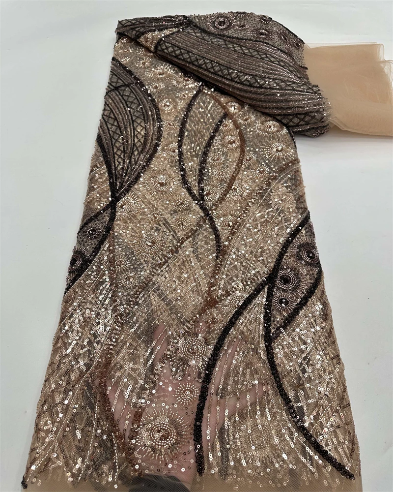 

2025 African Handmade Sequins Net Pearls Lace Fabric French Heavy Beaded Tulle Lace Fabric For Bridal Party Dress Material