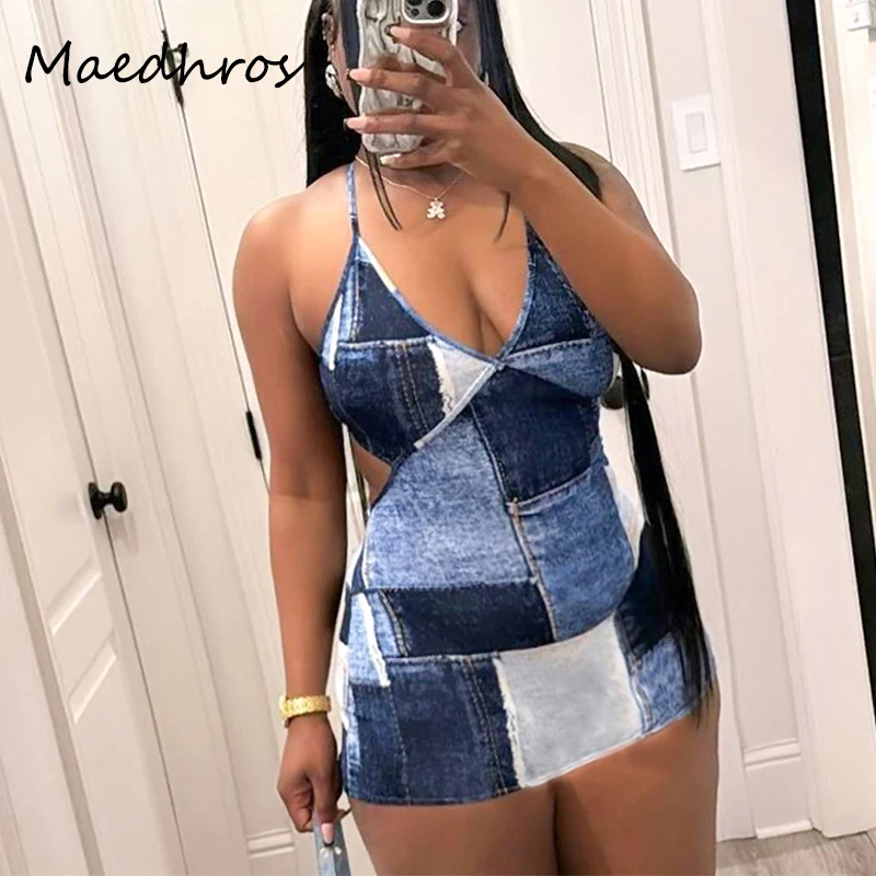 

Halter Neck Denim Print Backless Slips Women Sexy Bodycon Mini Prom Dress Female Clothes Y2K Birthday Party Festival Dress