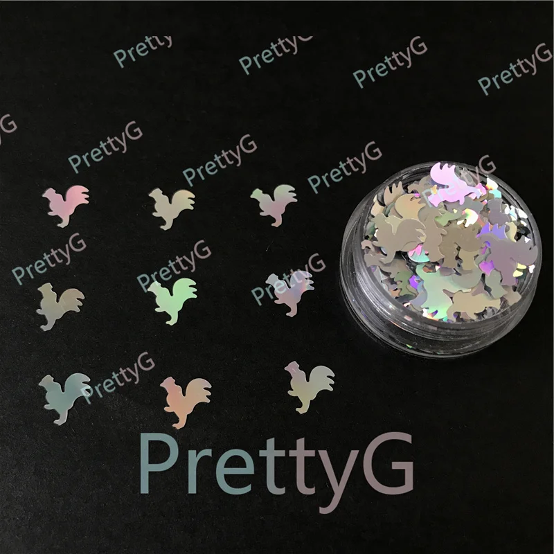 PrettyG 8mm Roosters Glitter Shape Holographic Silver Glitter Sequins For Resin Art Craft Nail Makeup Decoration Accessories