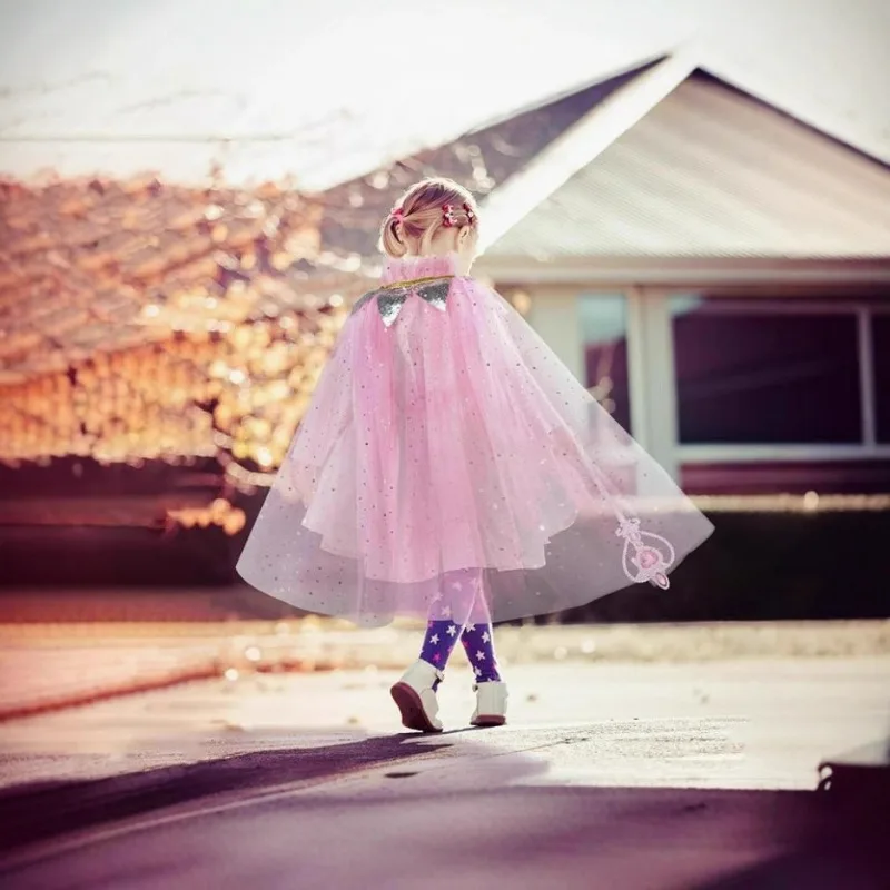 Dreamy Tulle Princess Cape Full Set Crown Jewelry Handbag Glitter Mesh Shawl Holiday Banquet For Birthday Stage Photo Decor Gift