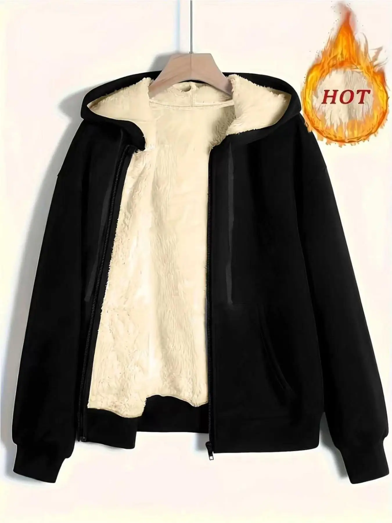 Women's Thickened Loose Casual Fleece-Lined Zip-Up Hooded Sweatshirt with Fur Lining for Winter Warmth