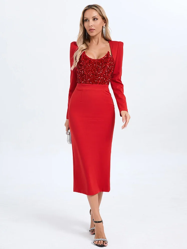 

DEIVE TEGER Sexy Long Sleeves Padded Patchwork Midi Dress Women Red Shiny Sequins Bodycon Bandage Evening Club Party Gowns