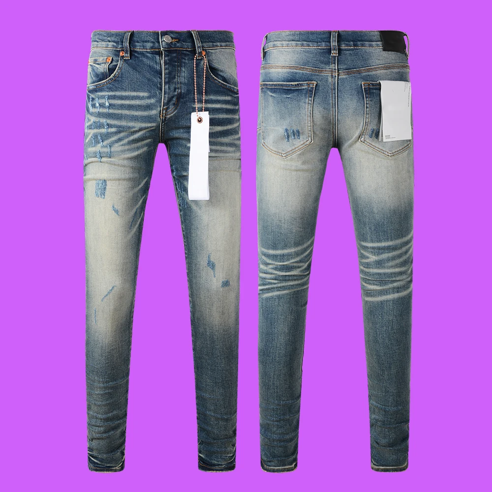 

2024 New Purple roca bra Jeans Blue Resin Knee Slit American High Street Low Rise Skinny Men pants Fashion Trend High Quality