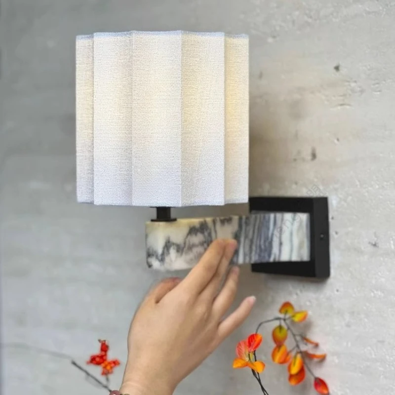Moden Minimalist Marble Arm LED E27 Wall Lamps White Pleated Fabric Light Spain Living Room Bedroom Corridor Restaurant Sconces