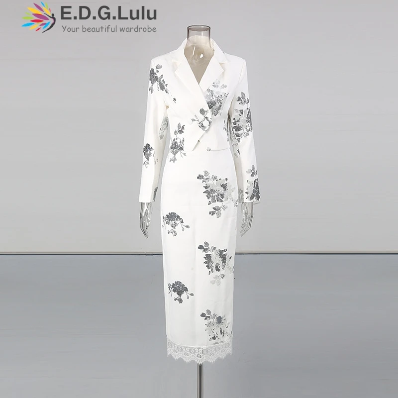 EDGLuLu 고품질 레드 스팽글 패치 워크 짧은 정장 재킷 + 하이 웨이스트 레이스 패치 워크 롱 스커트 여성용 두 조각 세트 0902