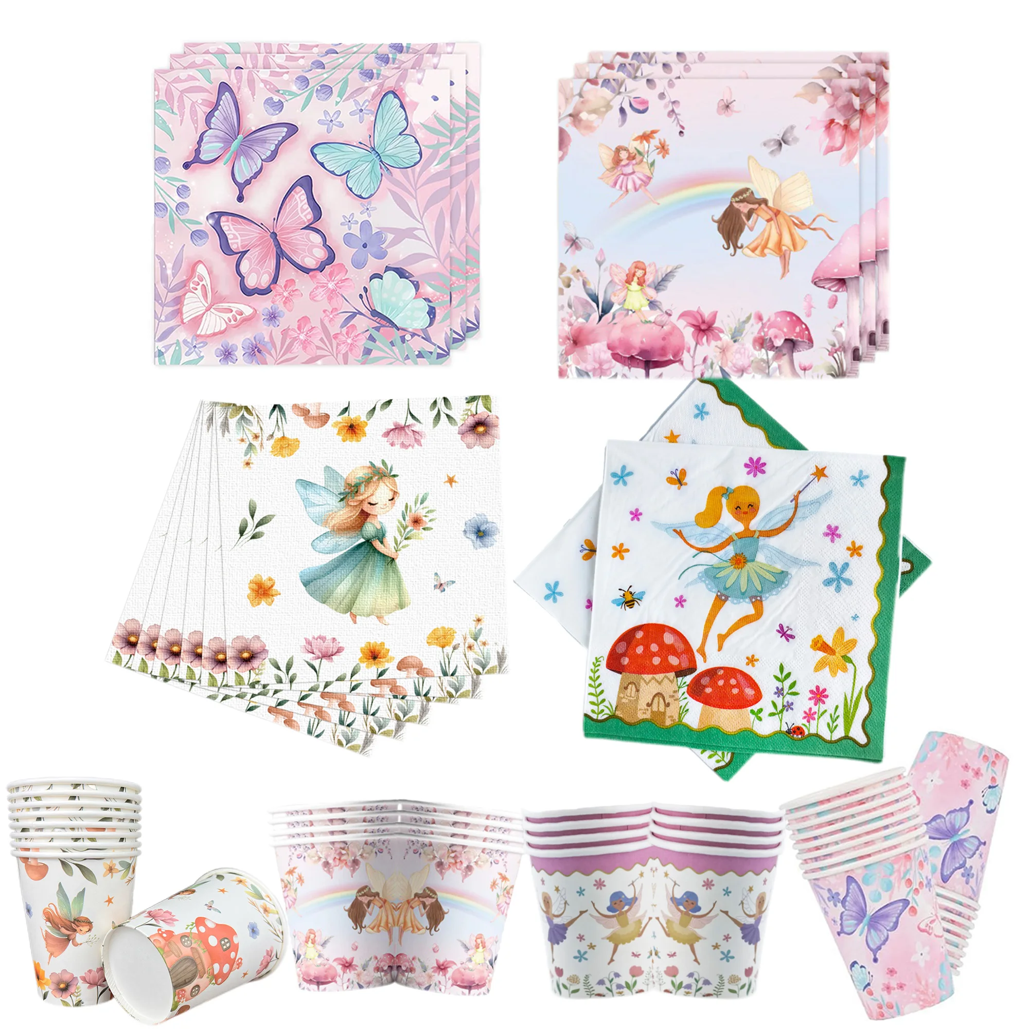 4 Types Fairy Butterfly Napkins Cup Fairy Party Decorations for Girls Flower Fairies Enchanted Forest Garden Birthday Decoration