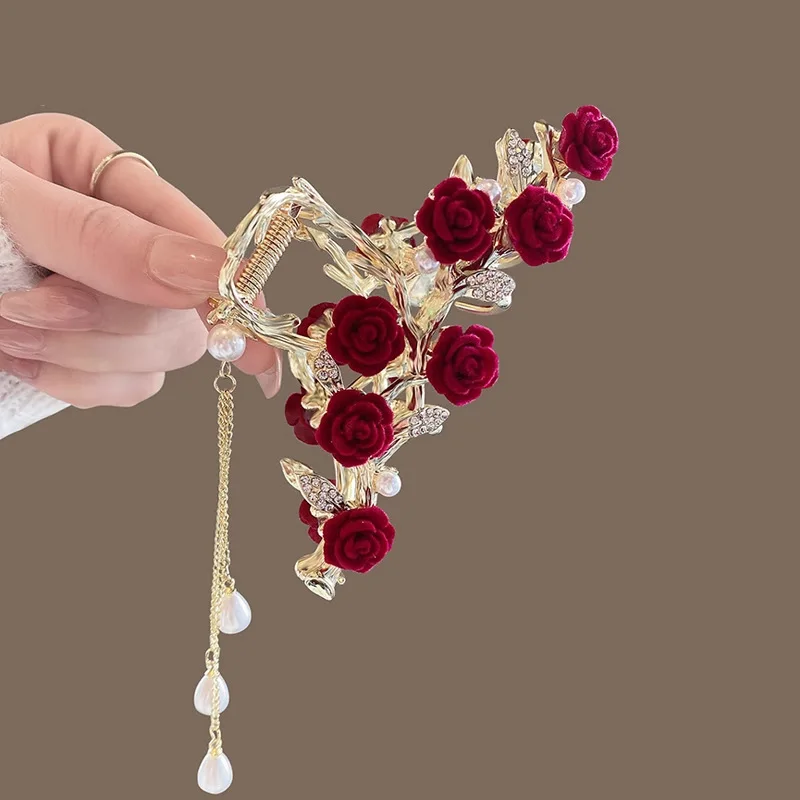 1 Pcs Fashion Plucked Rose Rhinestone Pearl Tassel Hair Claws For Women Girls Party Hair Accessories