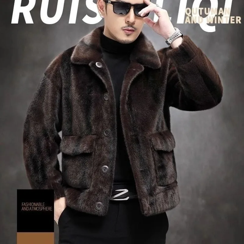 Cappotto double face Haining in pelliccia di visone dorato con pelliccia integrata su entrambi i lati Stile corto Nuova pelliccia per uomo Colletto invernale ispessito