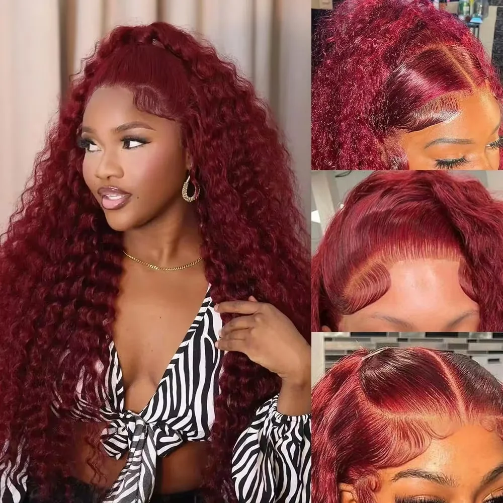 

Red Colored Deep Wave 46 Inch Burgundy 99J Human Hair 13x6 Lace Front Wig 13x4 HD Lace Frontal Wig Brazilian Hair Wigs For Women