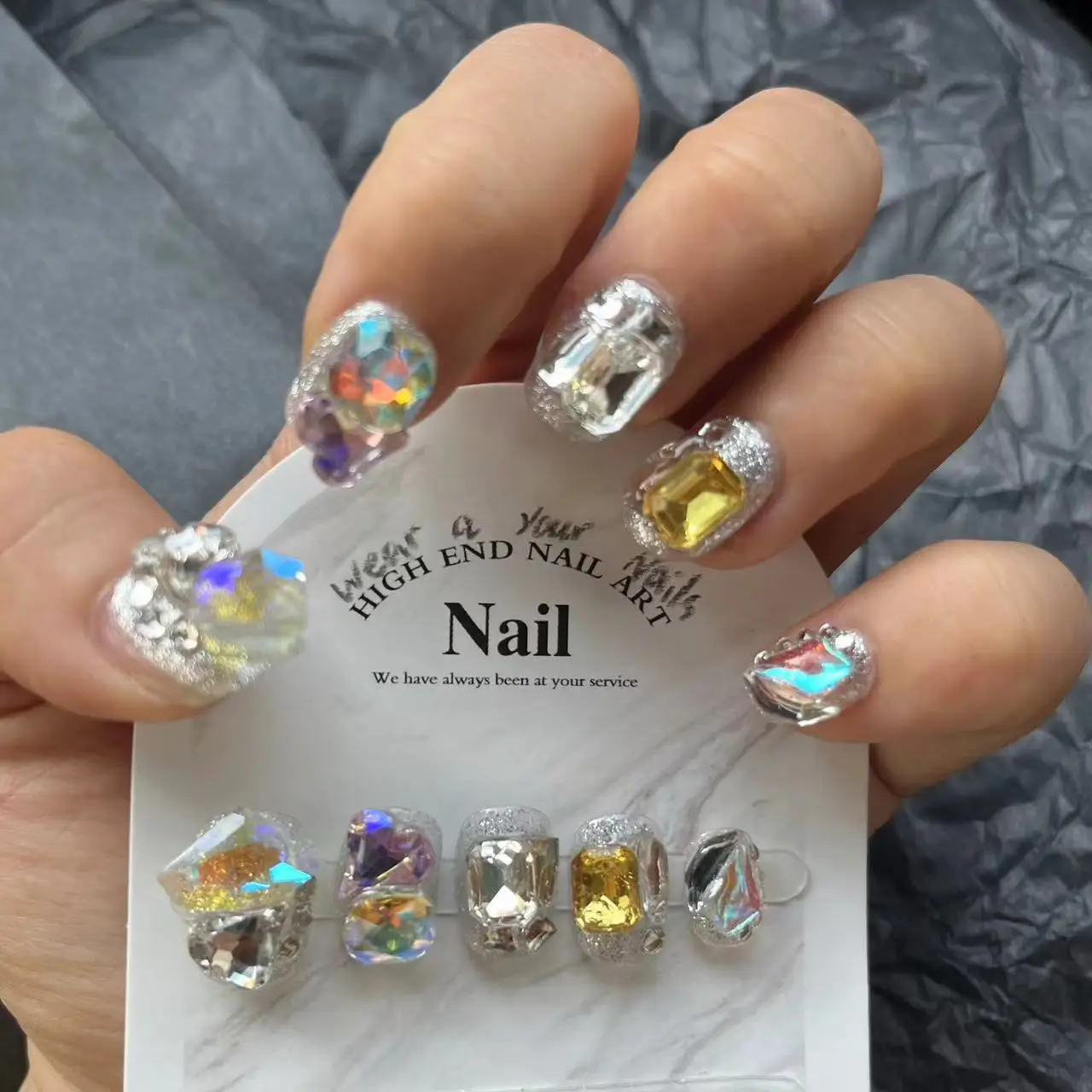 10 Stuks Handgemaakte Korte Strass Ronde Manicure Decoratie Schattige Draagbare Volledige Hoes Met Design Acryl Nail Tip Art ﻿