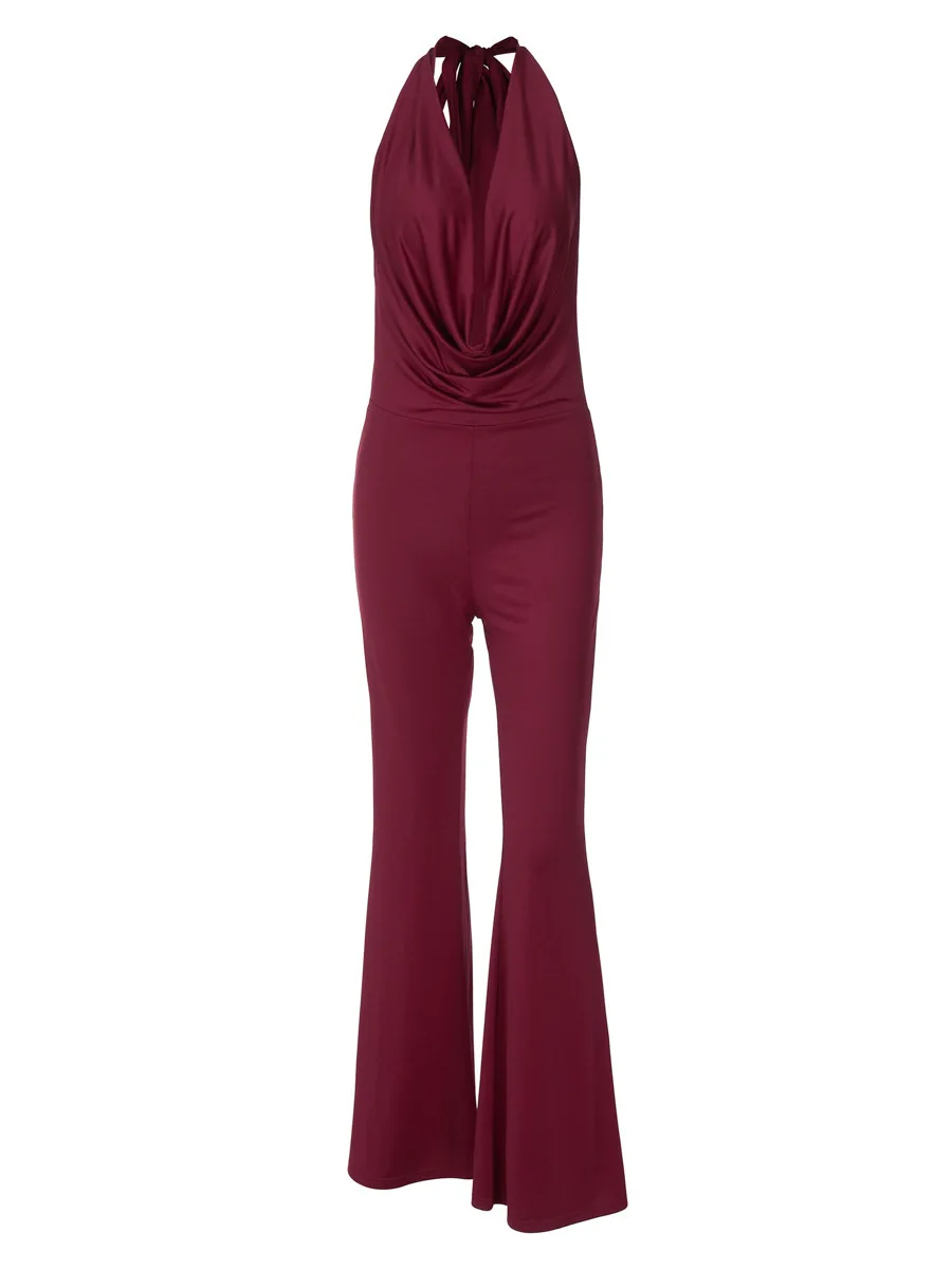Sexy Bal Pure Color Jumpsuit Belted Neline Slim Fit  High Waist Long Pant Street Sle Polyester Fabric