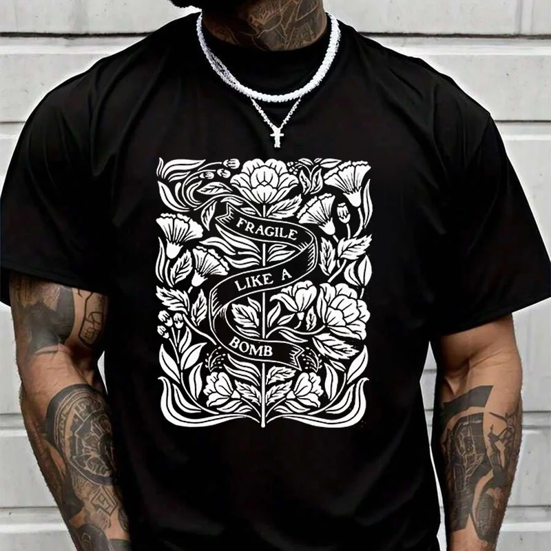 

Футболка с цветочным принтом и надписью "Floral & Fragile Like A Bomb" для мужчин, в стиле хип-хоп, уличная одежда, унисекс, повседневная мода, топы с короткими рукавами