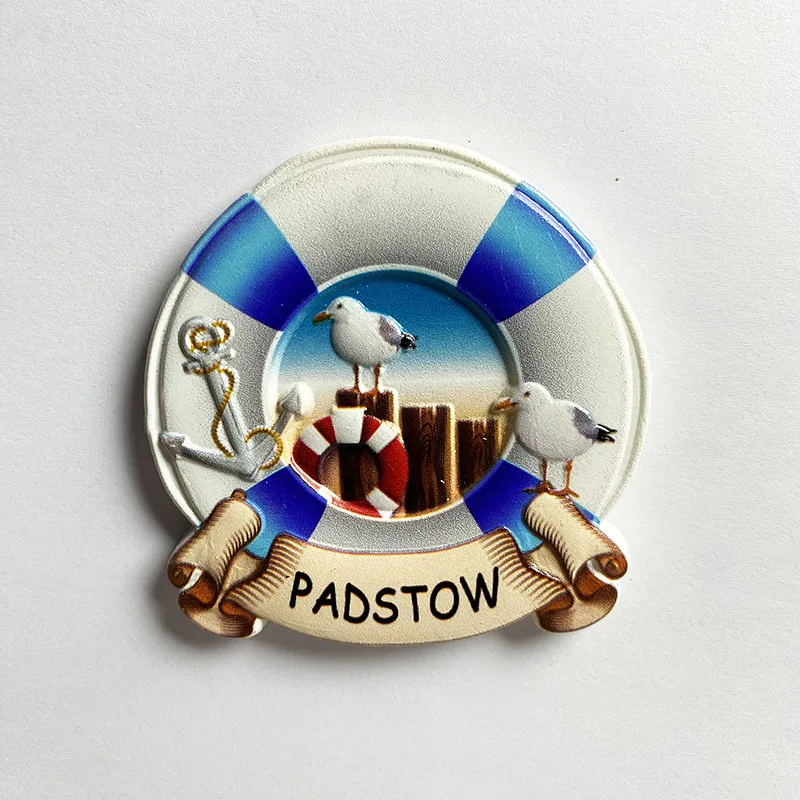 

Padstow, UK (Europe) Circular Fridge Magnet with Seagulls, Anchor, Lifebuoy & Coastal Scene, Cute Strong Refrigerator Magnet