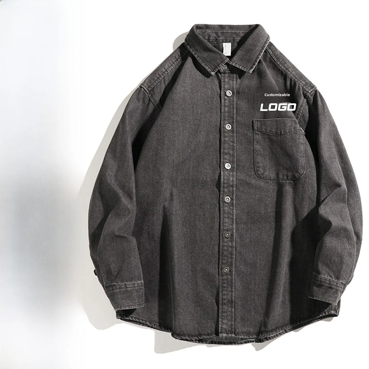 

Loose Long Sleeve Denim Logo Shirt Men's Korean Style Casual Workwear Thin Outerwear Spring Autumn Unisex Couple's Shirt