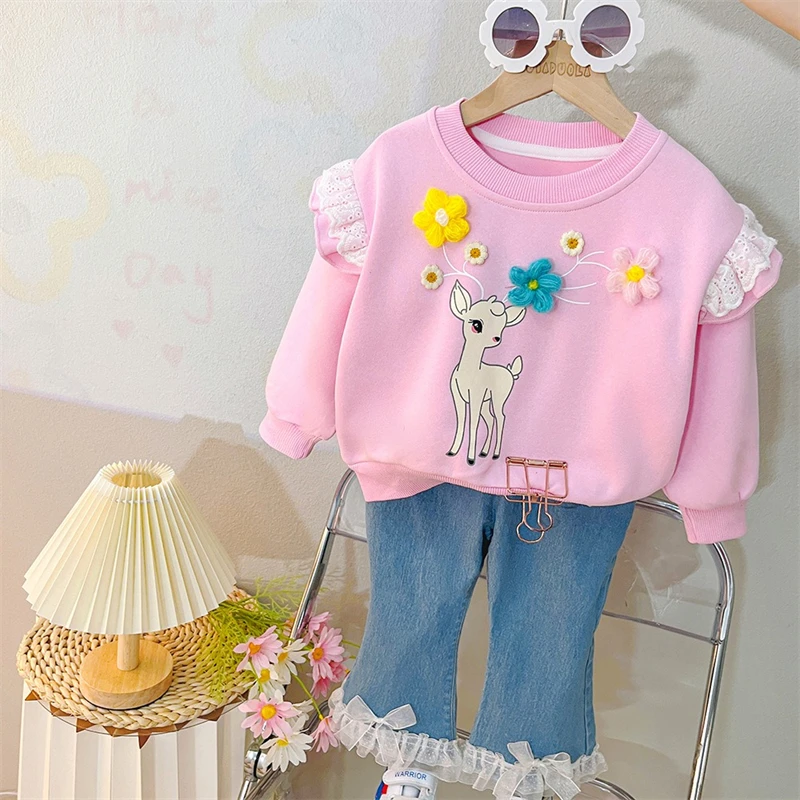 Autumn Children Clothing Sets Baby Girls Cartoon Sweatshirt Jeans Two Piece Suit Infant Clothes Outfits Kids Princess Costumes