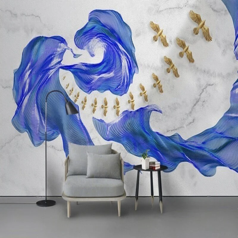 Modern Minimalist Abstract Line Ink-Wash Landscape With Flying Birds Wallpaper Pattern Retro Library Room Poster Wall Sticker