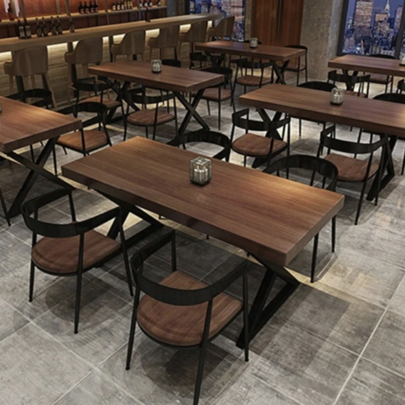 

Retro industrial style restaurant, bar, grill, solid wood dining table and chairs