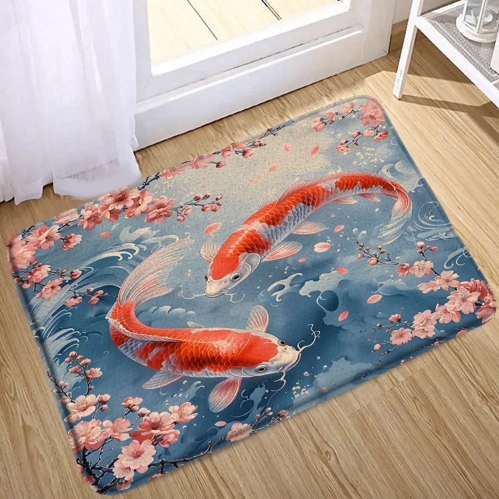 Japanese Style Bath Mats Koi Fish Octopus Cherry Blossom Sea Waves Ink Art Landscape Home Doormat Carpet Bathroom Decor Bath Rug