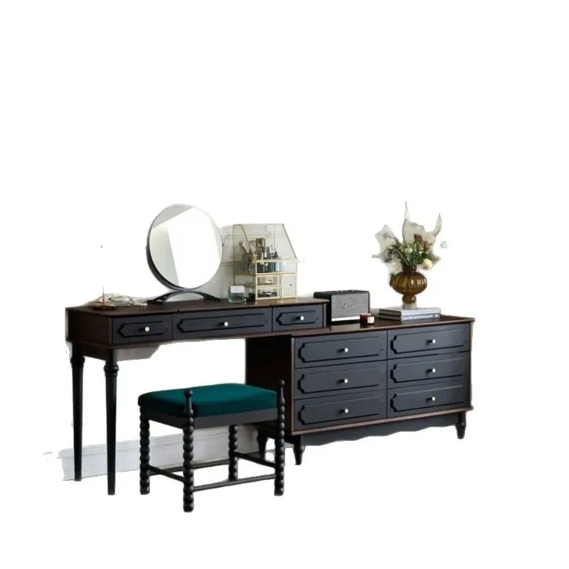 

French retro solid wood bedside dresser integrated American bedroom chest black storage dresser flip mirror