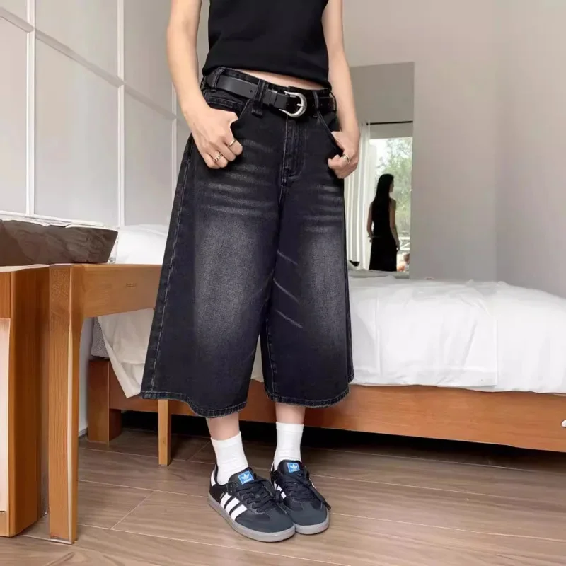 Vintage Streetwear Women Jeans Summer Loose Male Wide Leg Length Shorts Men Oversize Fashion Denim Y2K Punk Style Trouser Pants