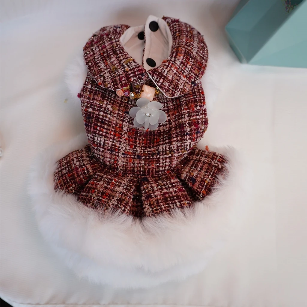 Handmade Autumn Winter Fleece-lined Pet Princess Dress Small Dog Dress Pet Teddy Original Wedding  Skirt Fashionable Dog Clothes