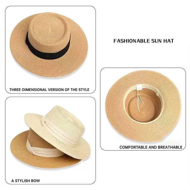 Fashion French Style Flat Top Straw Hat Travel Vocation Women Beach Sun Hat