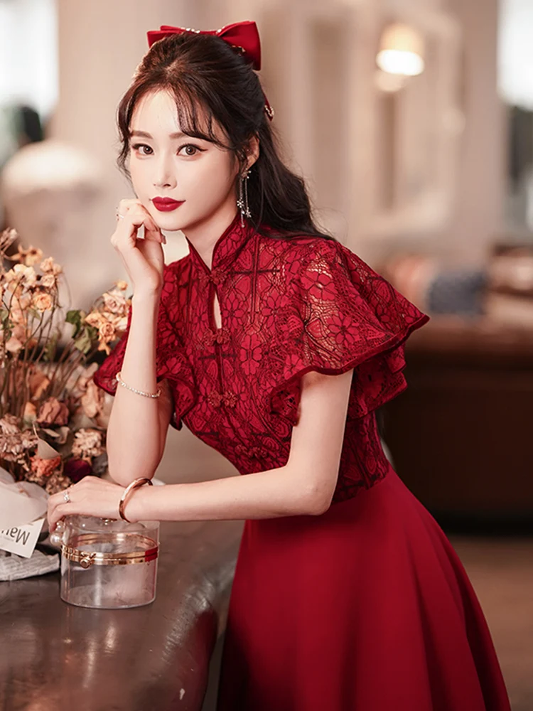 

Red Qipao Wedding Dr for Women ort Sve mid Waist Fitted Gown Vintage Sle Zipper Bal Dr for Wedding And Par
