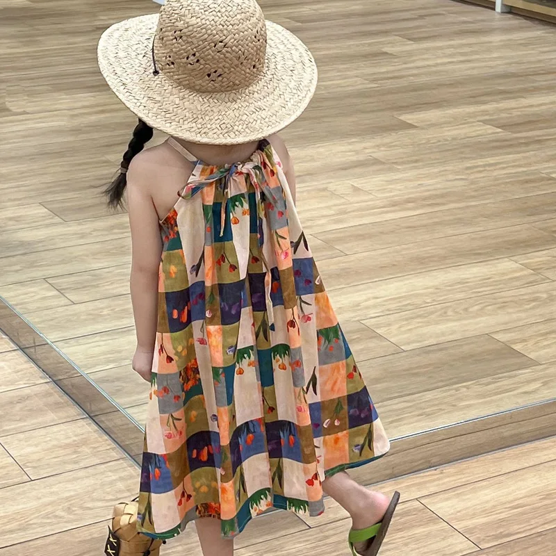 New Arrived Summer New Children Clothing Girls Checkered Tulip Fragmented Flower Vest Dressholiday Style Sling Dress