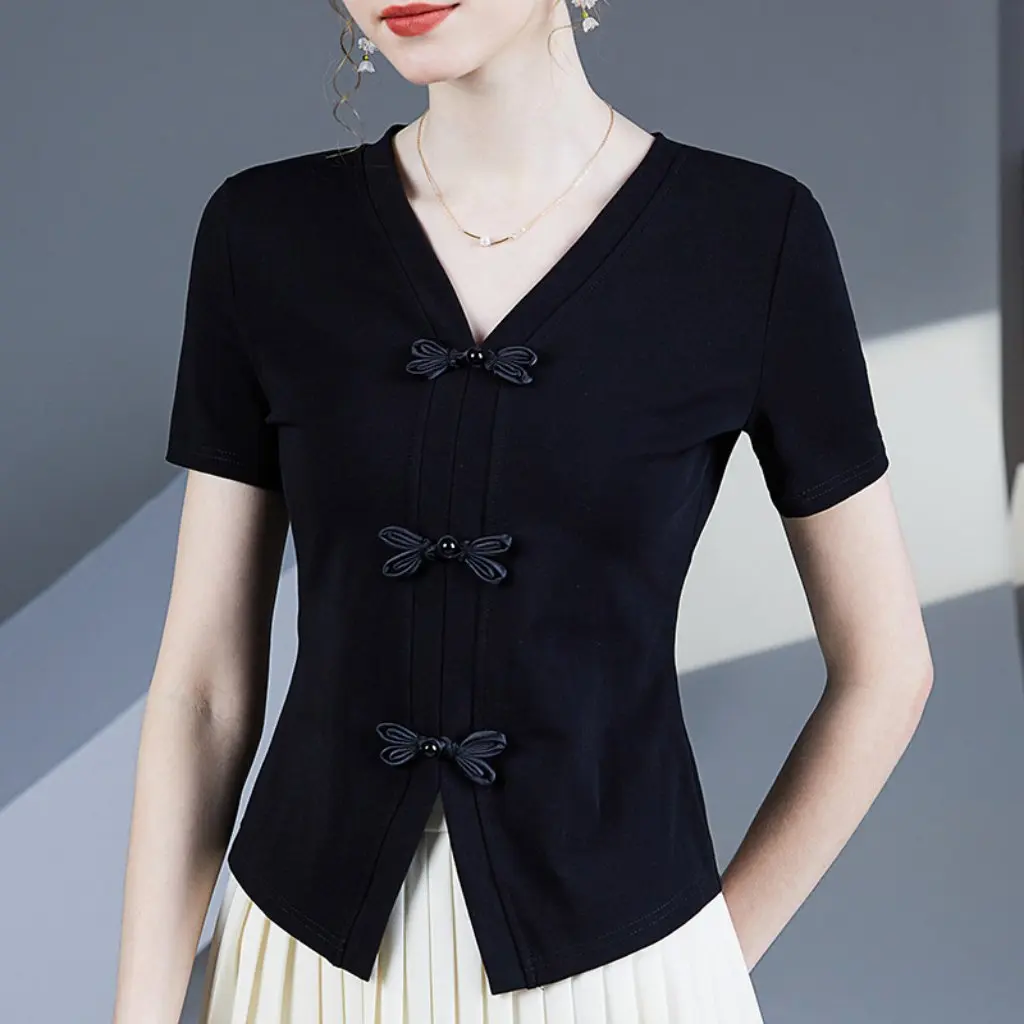 

Женская хлопковая футболка в китайском стиле с v-образным вырезом и короткими рукавами, летний модный топ с пряжкой и бантом