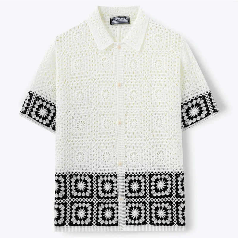 Vacation Seaside Beach Mens Shirts Sexy Transparent Hollow Out Knitted Shirt For Men Summer Stylish Embroidery Knitting Shirts