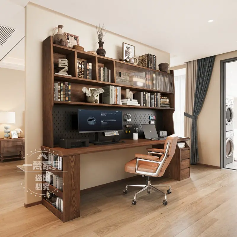 Solid wood desk bookshelf integrated table household children's study table medieval simple long computer table student