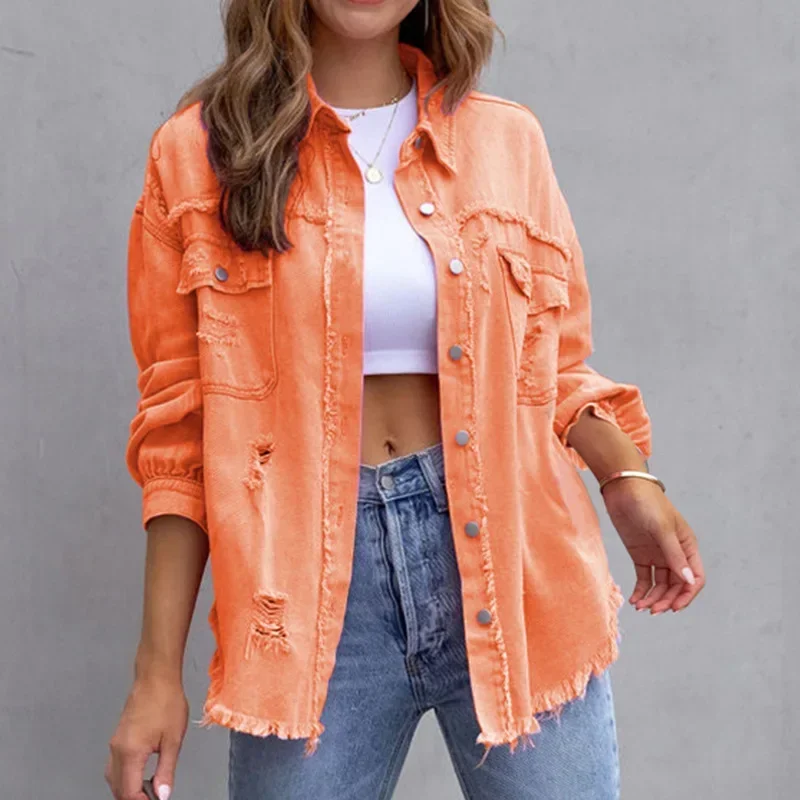 Women Shirt Style Jean Coat Casual Denim Holes Splicing Pocket Raw-edge Rose-Red Orange Purple Outerwear Lady Jacket Top
