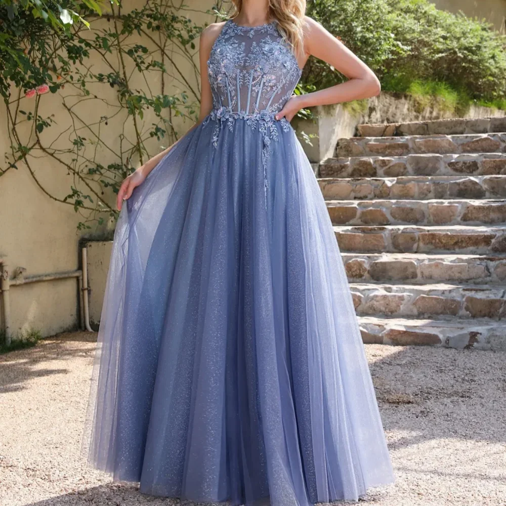 Customized new light blue hollow backless ball gown A-line transparent gem collar tulle long evening gown with appliqués