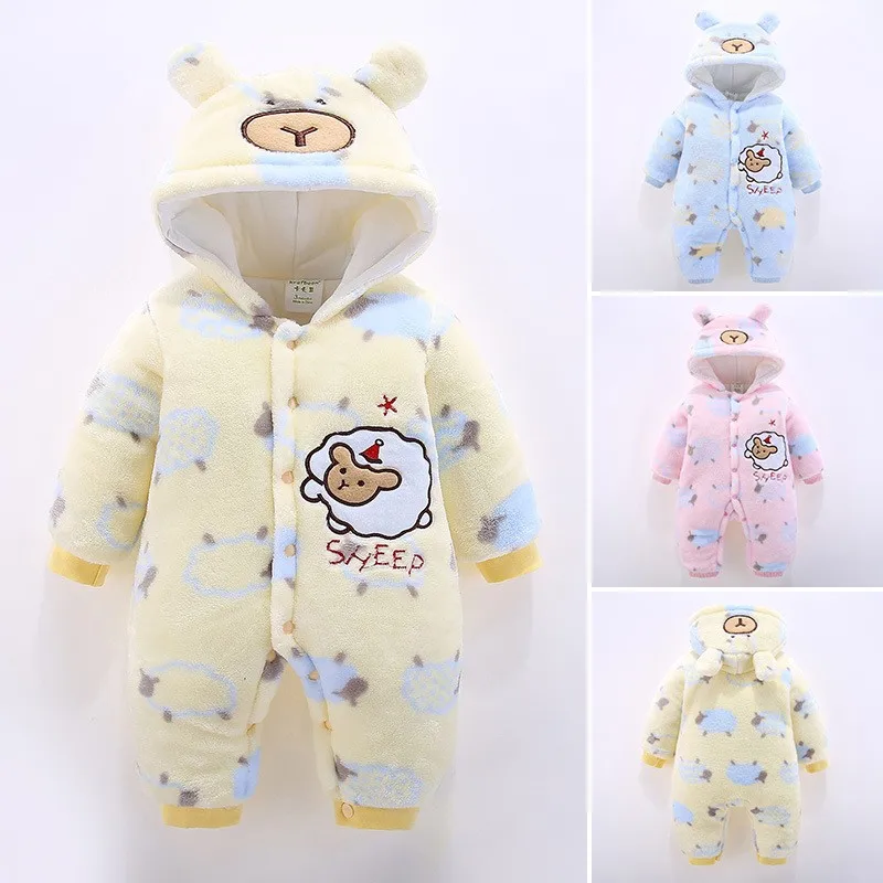 

Newborn Romper Plush Cute Cartoon Sheep Rompers Boy Winter Keep Warm Hooded Infant Girls Overall Jumpsuit Outdoors Clothing New