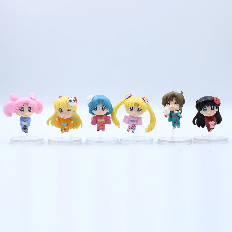 6PCS Anime Sailor MoonFigure Kimono Cartoon Figuarts Mini Kaiou Michiru Tomoe Hotaru Meiou Setsuna Toys For Girls Model Dolls view 6