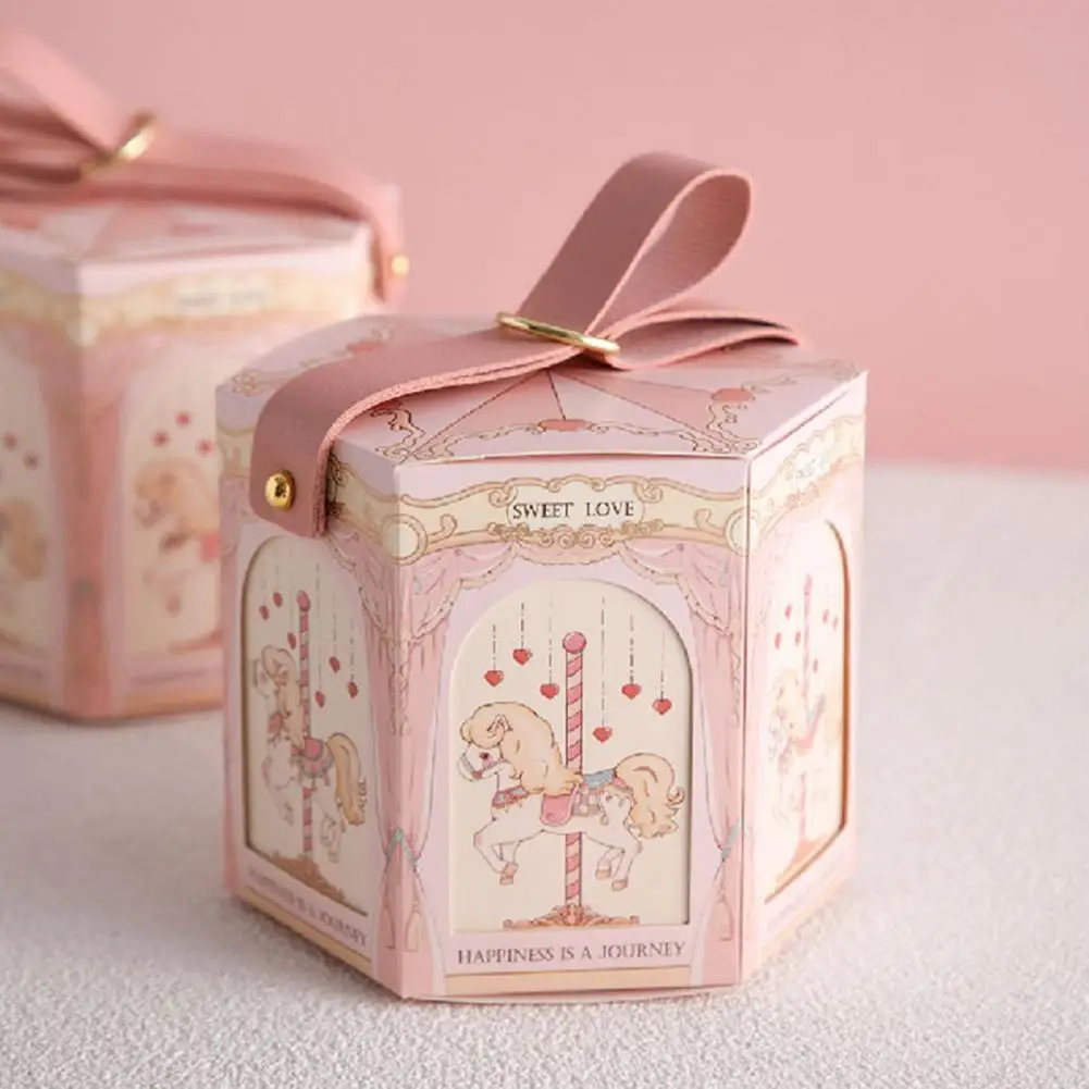 Scatola di caramelle per matrimoni scatola di carta regalo con motivo a carosello rosa esagonale bella confezione regalo di caramelle per dispensare i bambini borsa regalo carina di compleanno