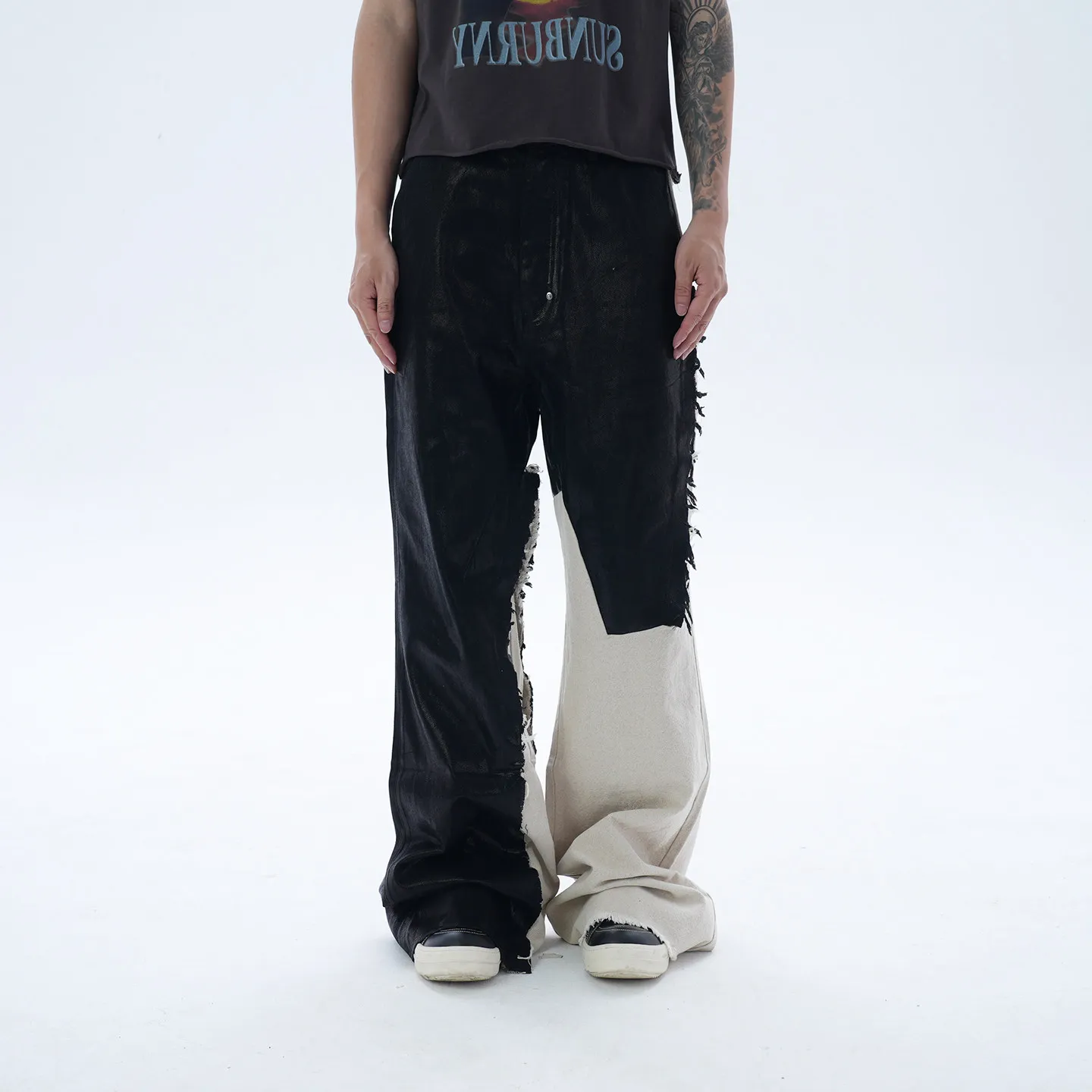 Fashionable Retro Visual Contrast Color Deconstruction Stitching Brush Wax Burr Mop Horn Jeans for Men