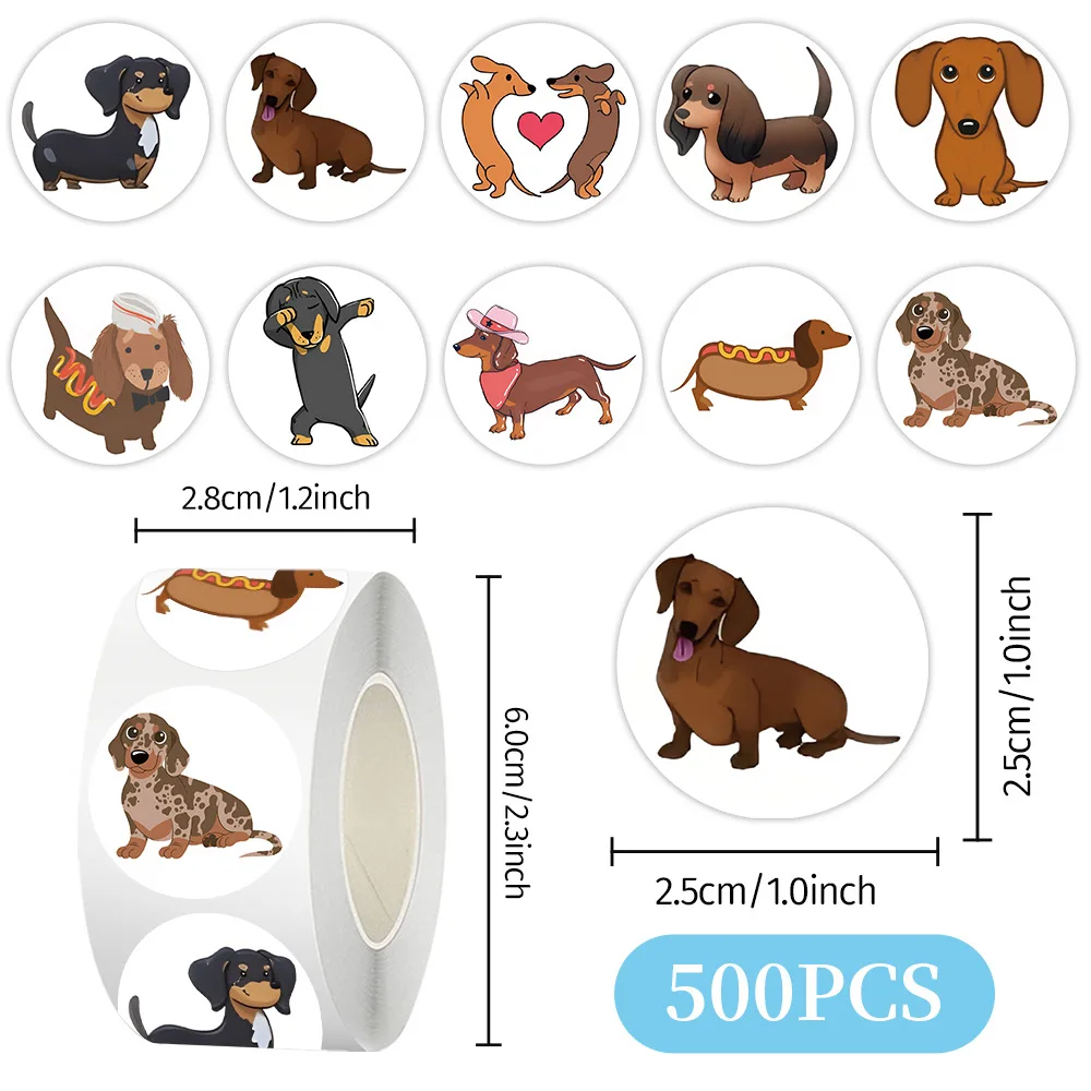 500 ชิ้น/ม้วนสุนัขดัชชุนด์สติกเกอร์กันน้ำสำหรับแล็ปท็อปกระเป๋าเดินทางสัตว์น่ารักการ์ตูนรางวัลมือบัญชีเทปซีลป้าย