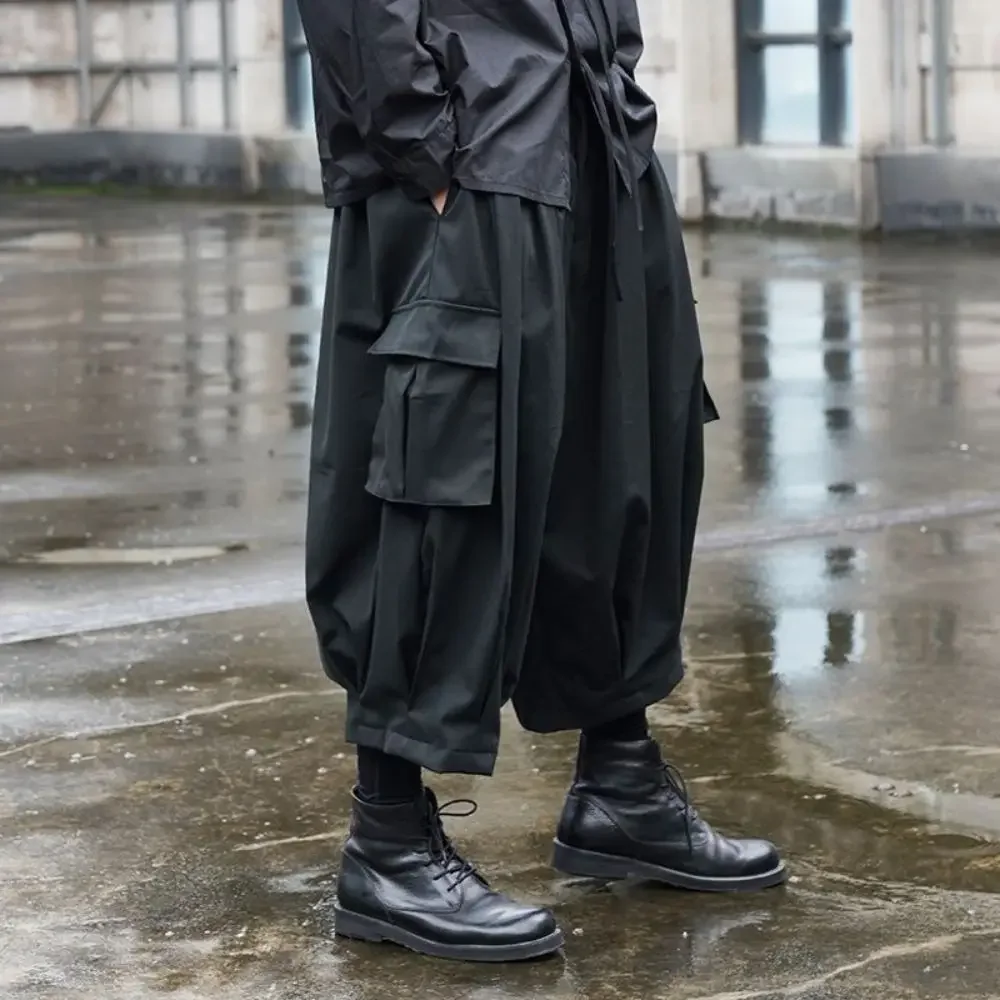 Y2k Tide Niche Dark Black Cropped Pants Men's Wear Dark Style Overalls Trousers Casual Ankle-length Loose Samurai Pants