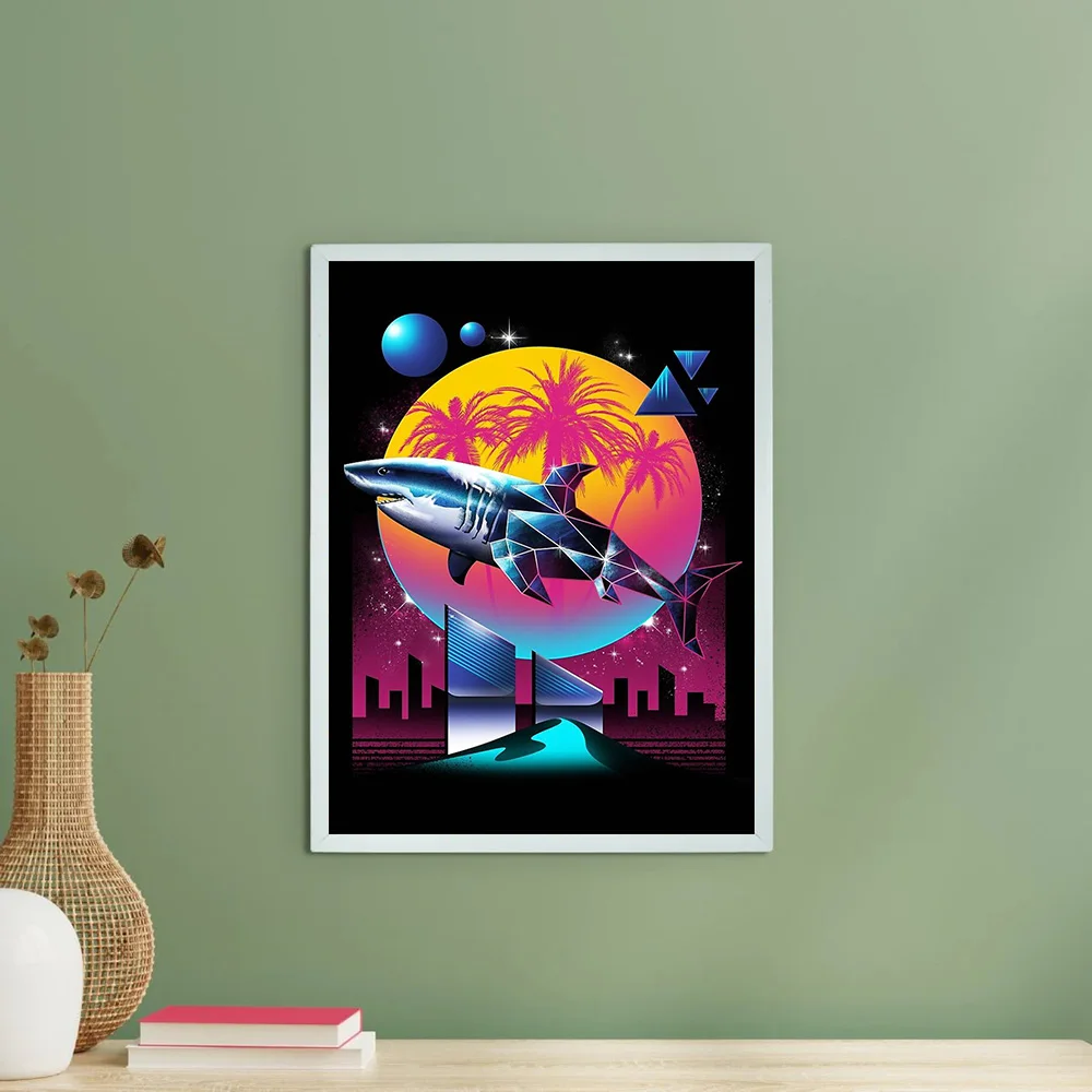 القرش قماش جدار الفن المحيط الغروب Cyberpunk المشهد طباعة Vaporwave الجمالية غرفة ديكور خمر اللوحة الرجعية هدية