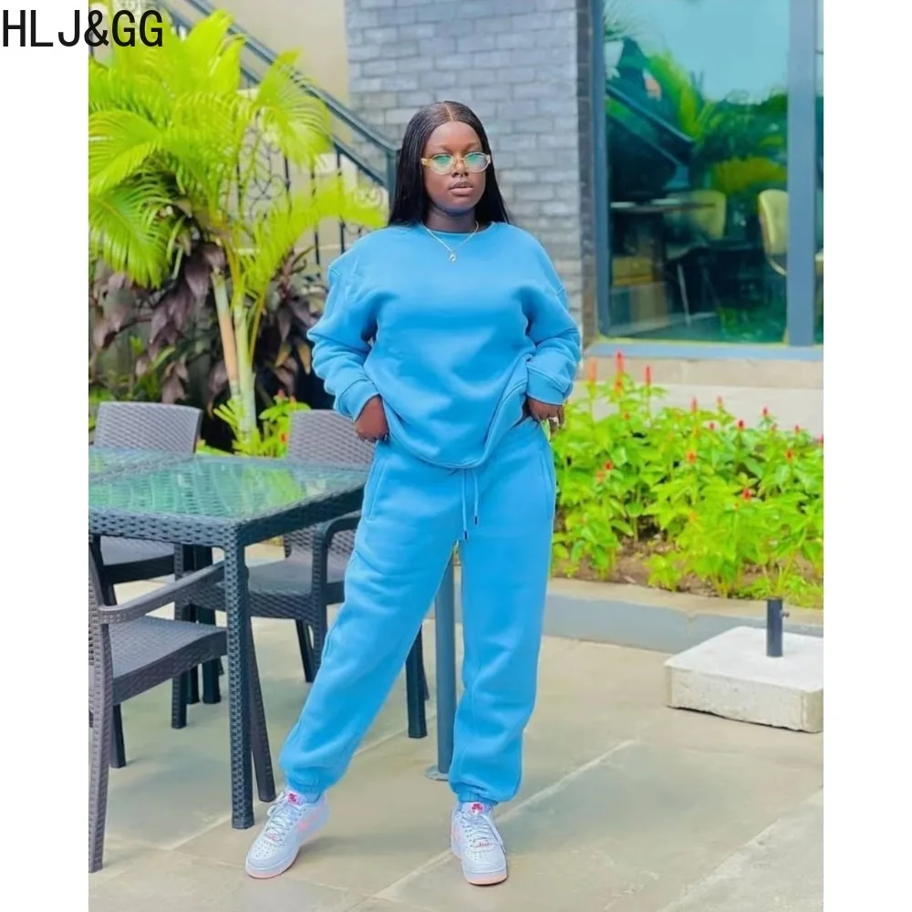 HLJ&GG Blue Fall Winter Solid Color Jogger Pants Tracksuits Women Round Neck Long Sleeve Pullover + Pants Two Piece Sets Outfits