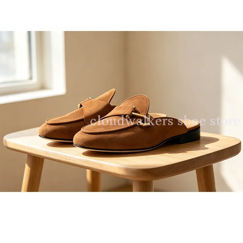 Men Suede Backless Mule Loafer Metal Horsebit Decor Slip On Flat Mule Round Toe Comfort Soft Half Slipper Daily Outdoor