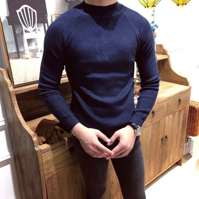 Autumn Winter New Style Half Turtleneck for Men Light Luxury Korean Style Trendy Slim Fit Versatile Solid Bottoming Sweater Top