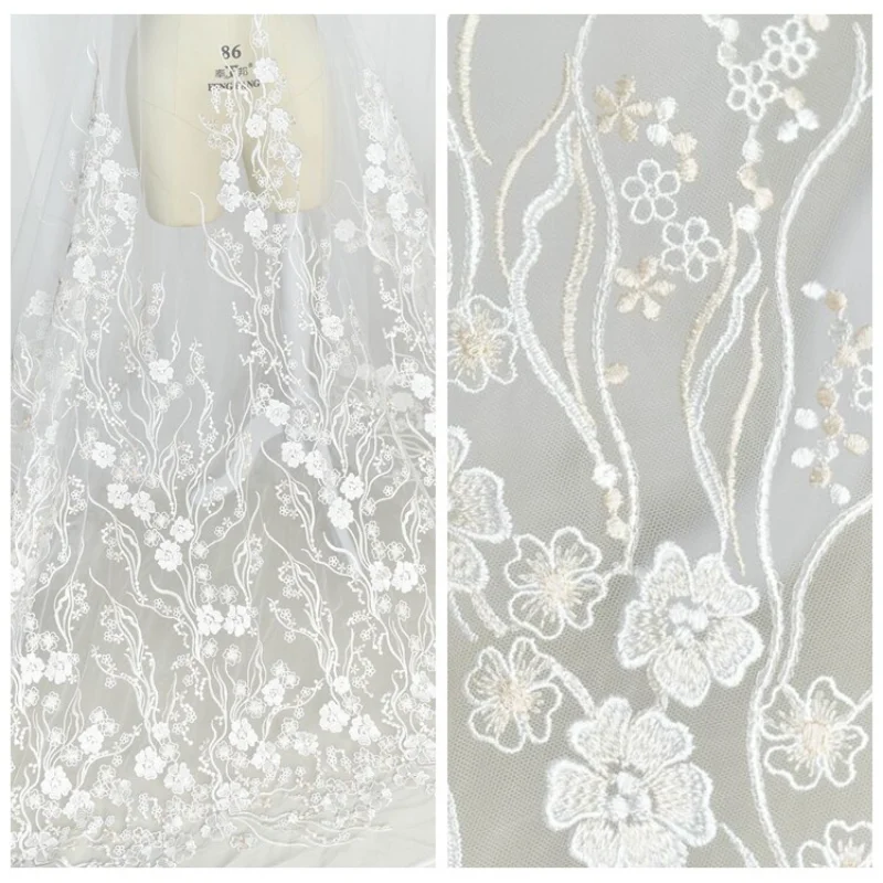 

Floral Embroidered Tulle Fabric for DIY Sewing Handmade Wedding Dress Veil Garment Accessories Clothing Fashion Material Cloth