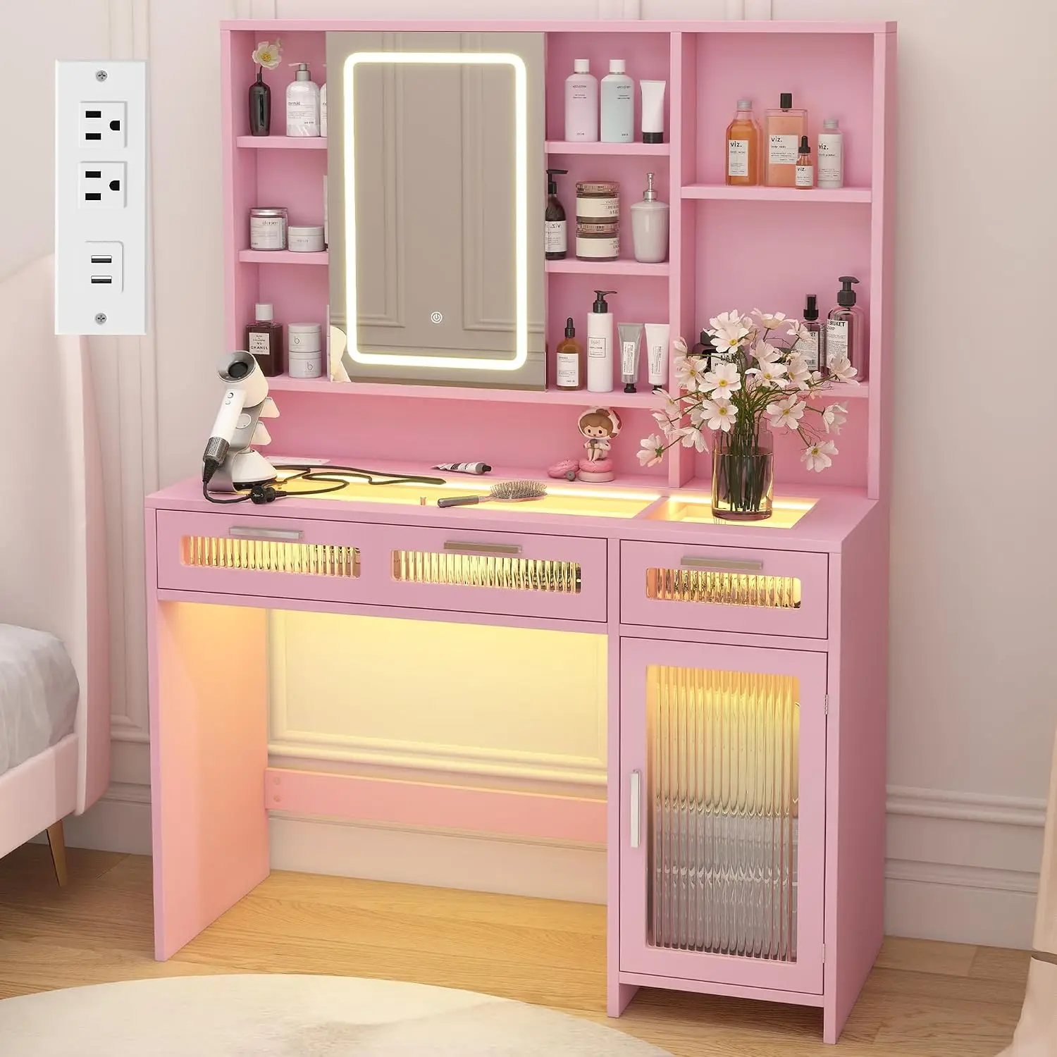 Pink Vanity Desk with Mirror & Lights, 43